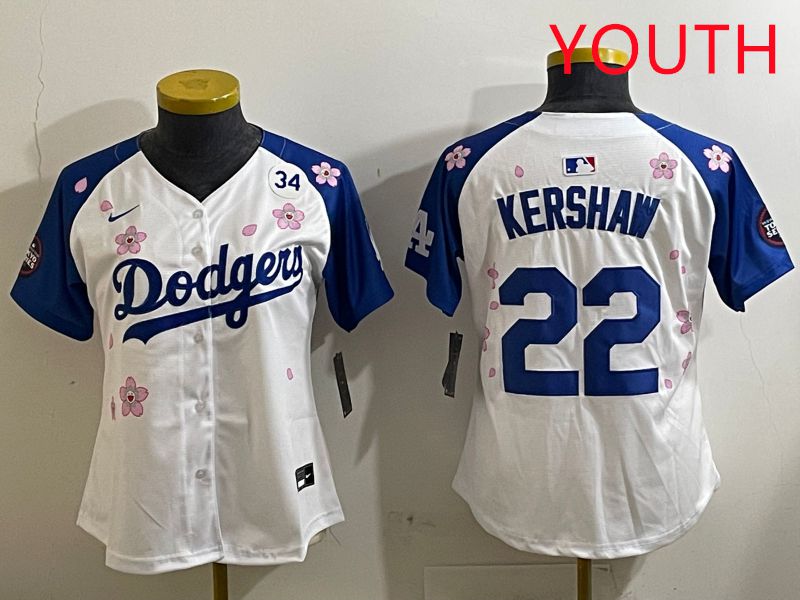 Youth Los Angeles Dodgers 22 Kershaw White Blue Sakura Edition 2025 Nike MLB Jersey style 7